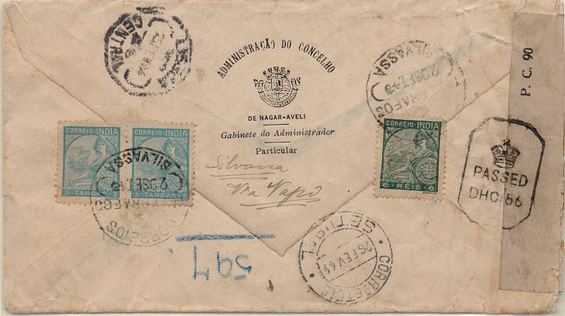 3101 f.jpg -     Lote:    3101 (frente)      Lotes pelo Correio              Descrição:         1933 &mdash; Padrões. Sobrescrito circulado de Silvassa (20.09.40) para Setúbal (26.02.41), com selo de 6 reis CE337 + par de 3Tgs CE342. Censurasa. Carimbo batido a preto "CORREIOS / SILVASSA".        Carta       Valor Base:     &euro; 10,00     Valor Venda:     &euro;      